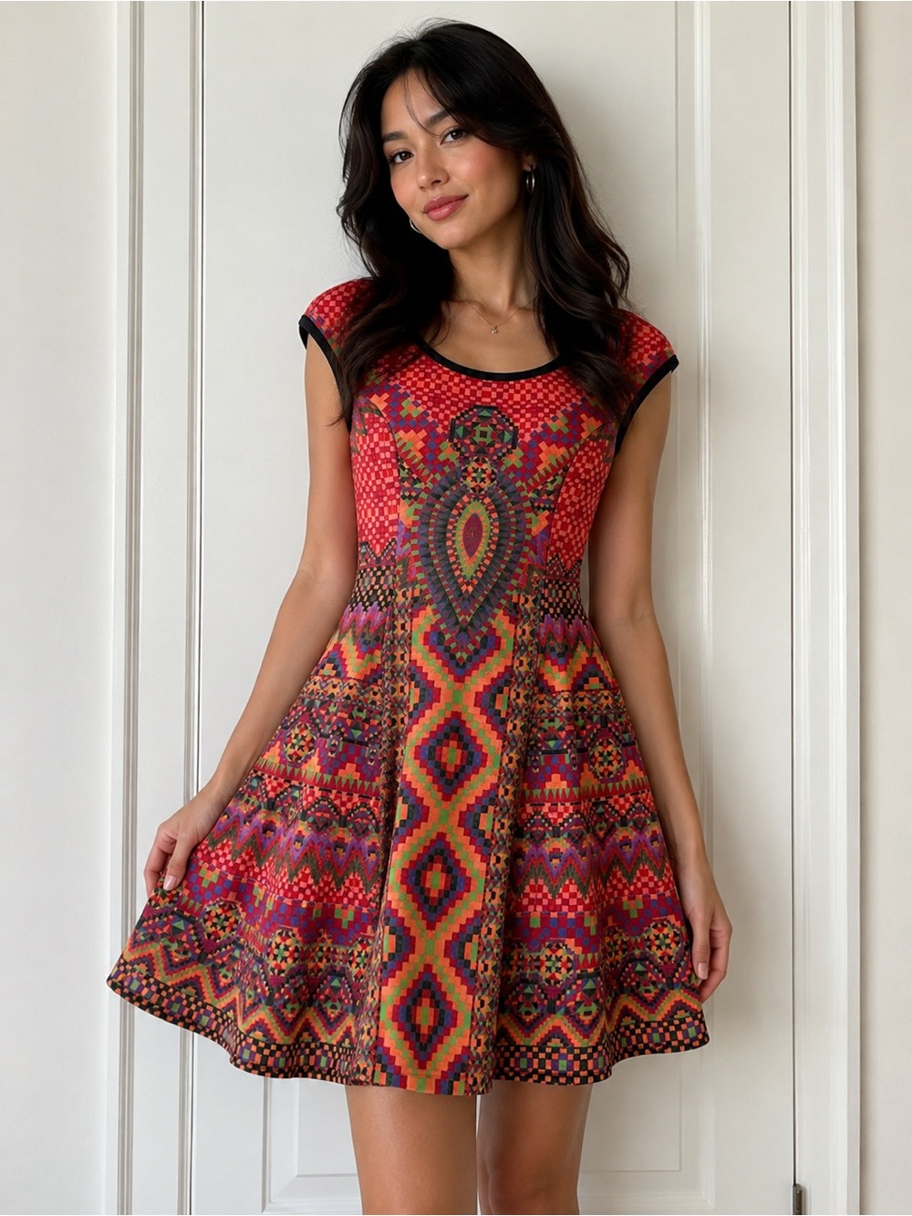 Hale Bob Small Geometric Print Fit Flare Dress Boho Cap Sleeve Scuba